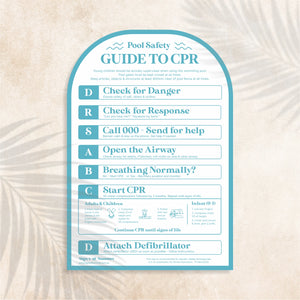 Arch shaped Guide to CPR Sign in Gongolier colour (coastal blue) – Australian outdoor pool signage