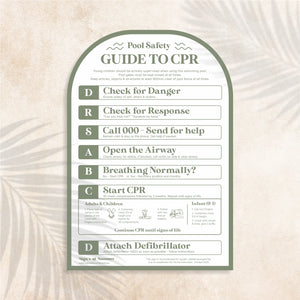 Arch shaped Guide to CPR Sign in Pesto colour (olive green) – Australian outdoor pool signage