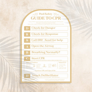 Arch shaped Guide to CPR Sign in Sandy Taupe colour (light beige) – Australian outdoor pool signage