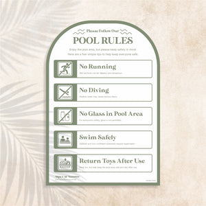 Arch shaped Pool Safety Sign in Pesto colour (olive green) – Australian outdoor pool signage