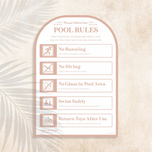 Arch shaped Pool Safety Sign in Piglet colour (pale/dusty pink) – Australian outdoor pool signage