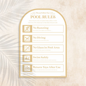 Arch shaped Pool Safety Sign in Sandy Taupe colour (light beige) – Australian outdoor pool signage