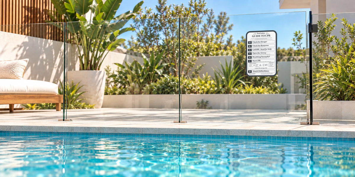 Clear glass pool fencing installed along the edge of a swimming pool, with a curved edge Signs of Summer CPR Pool safety sign in Grid colour attached to a fence panel and a modern outdoor patio and greenery background.
