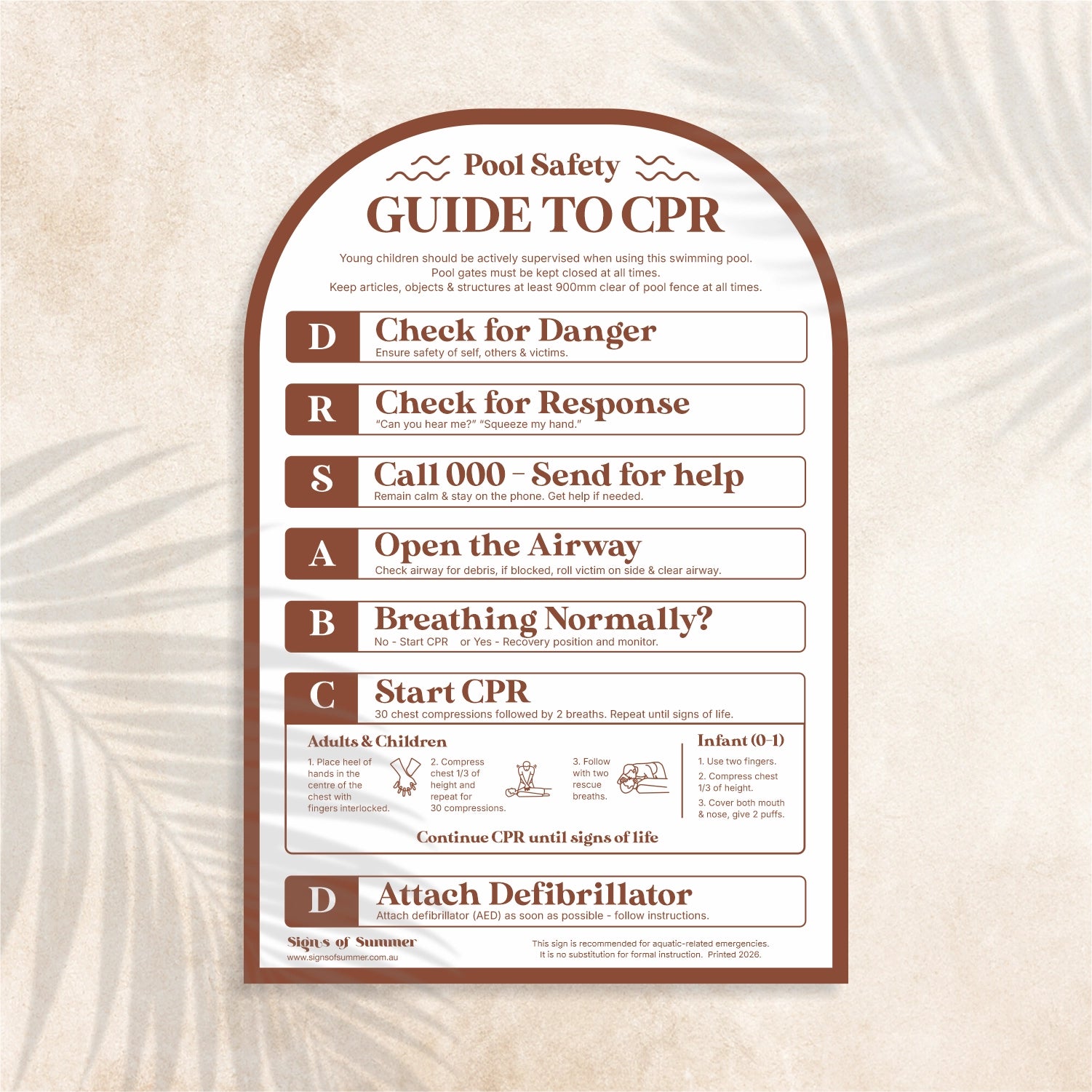 Arch shaped Guide to CPR Sign in Auburn colour (dusty red) – Australian outdoor pool signage
