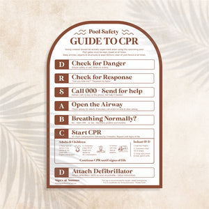 Arch shaped Guide to CPR Sign in Auburn colour (dusty red) – Australian outdoor pool signage