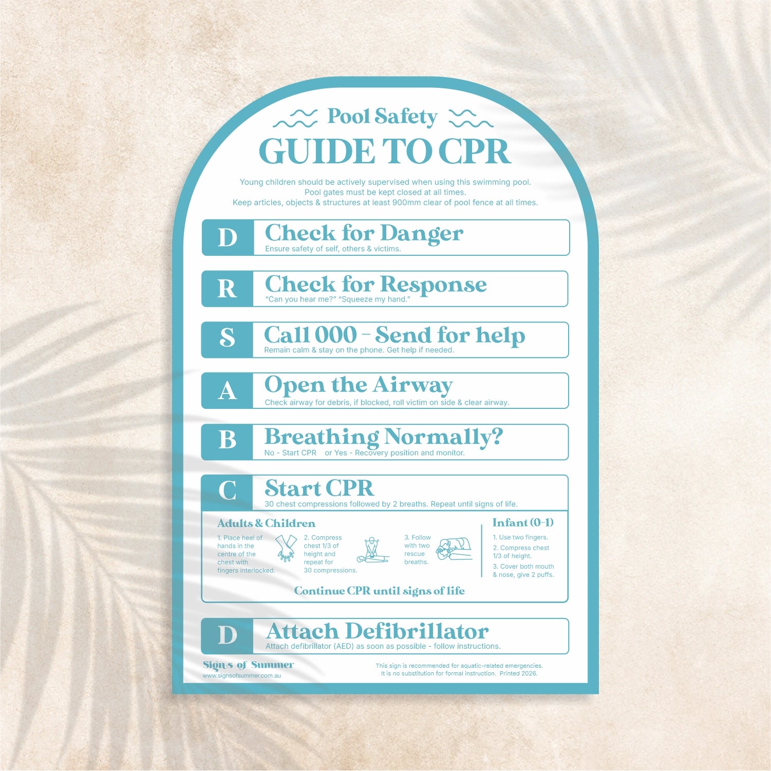 Arch shaped Guide to CPR Sign in Gongolier colour (coastal blue)  – Australian outdoor pool signage
