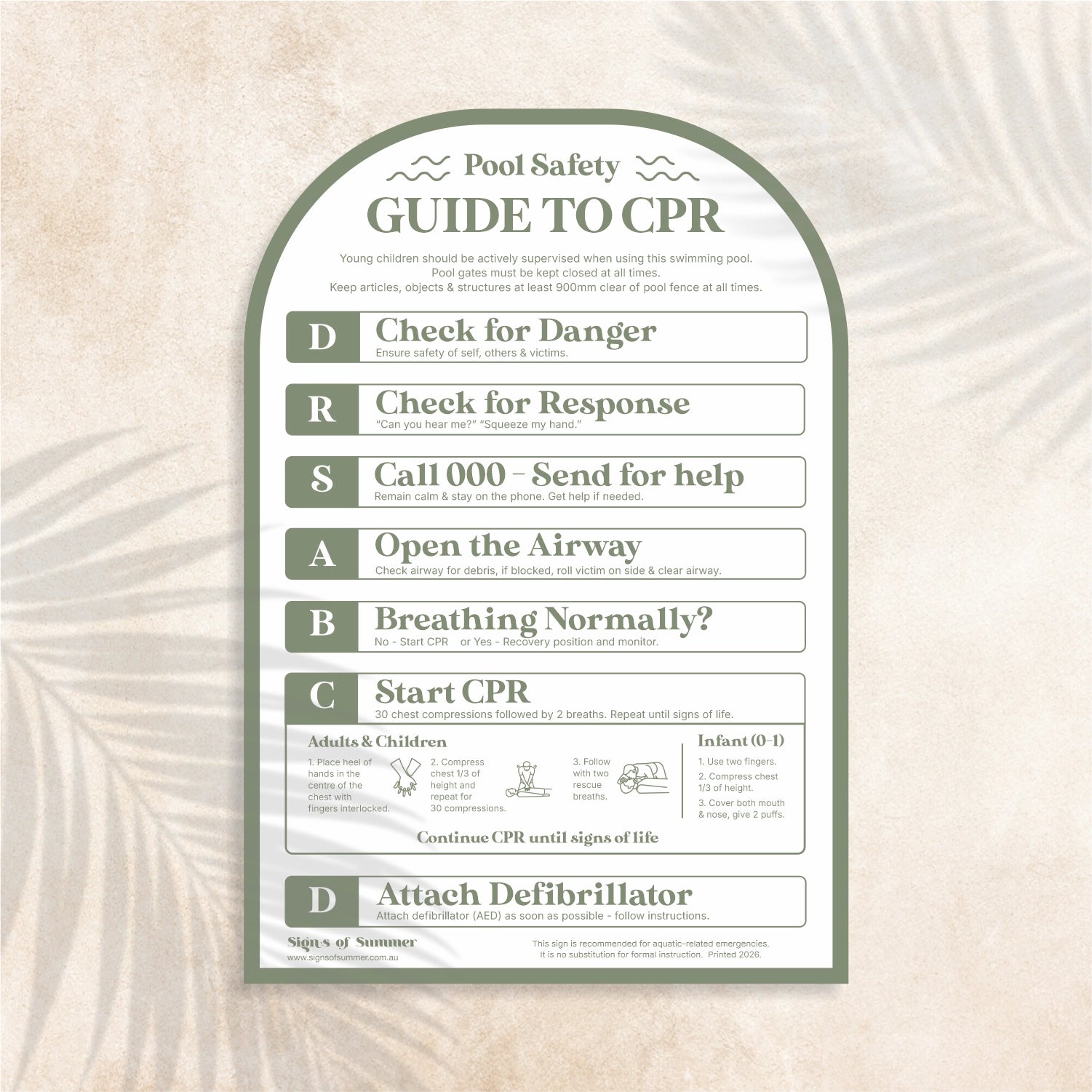 Arch shaped Guide to CPR Sign in Pesto colour (olive green) – Australian outdoor pool signage