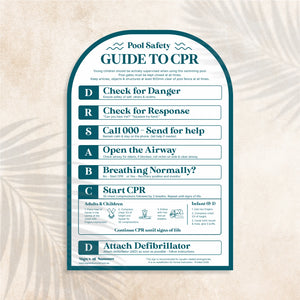 Arch shaped Guide to CPR Sign in Plunge colour (deep teal)  – Australian outdoor pool signage