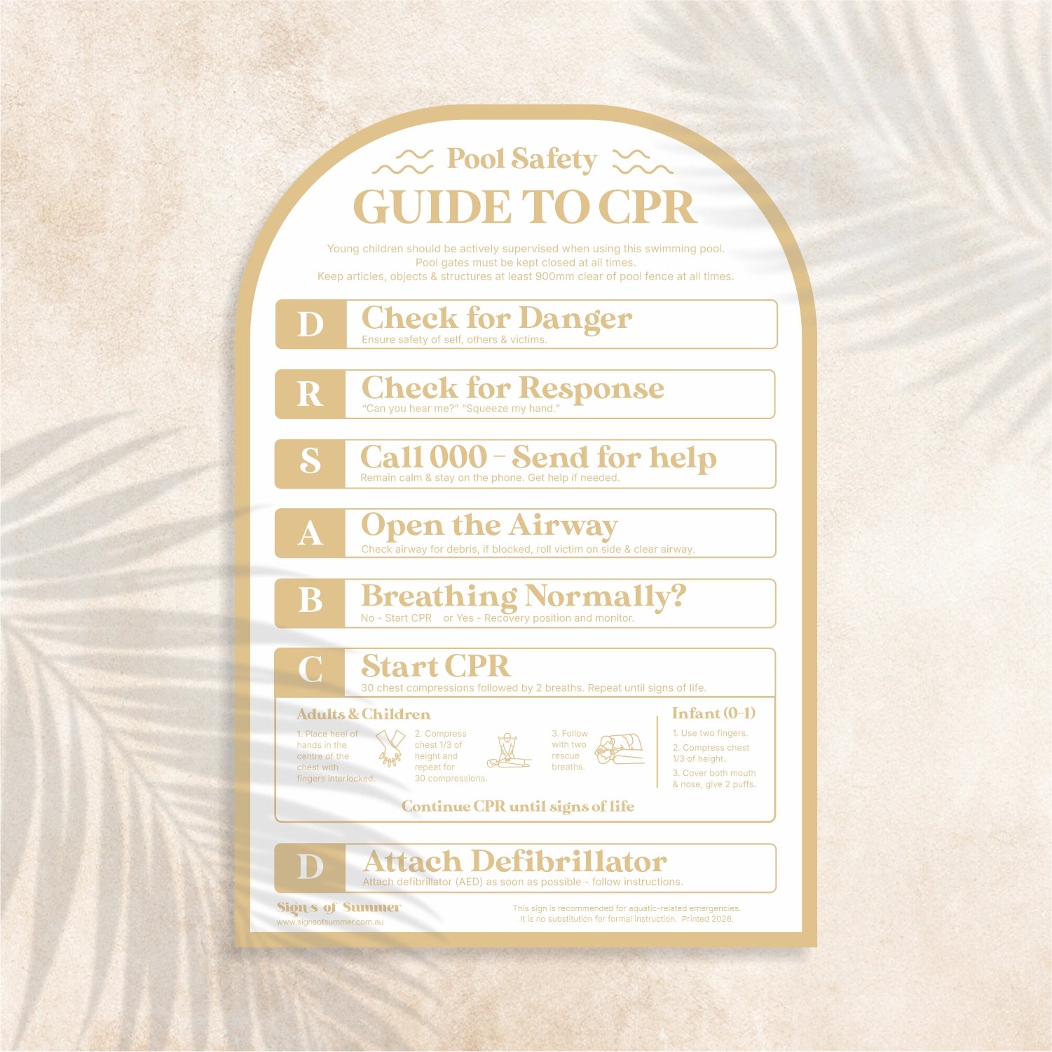 Arch shaped Guide to CPR Sign in Sandy Taupe colour (light beige) – Australian outdoor pool signage