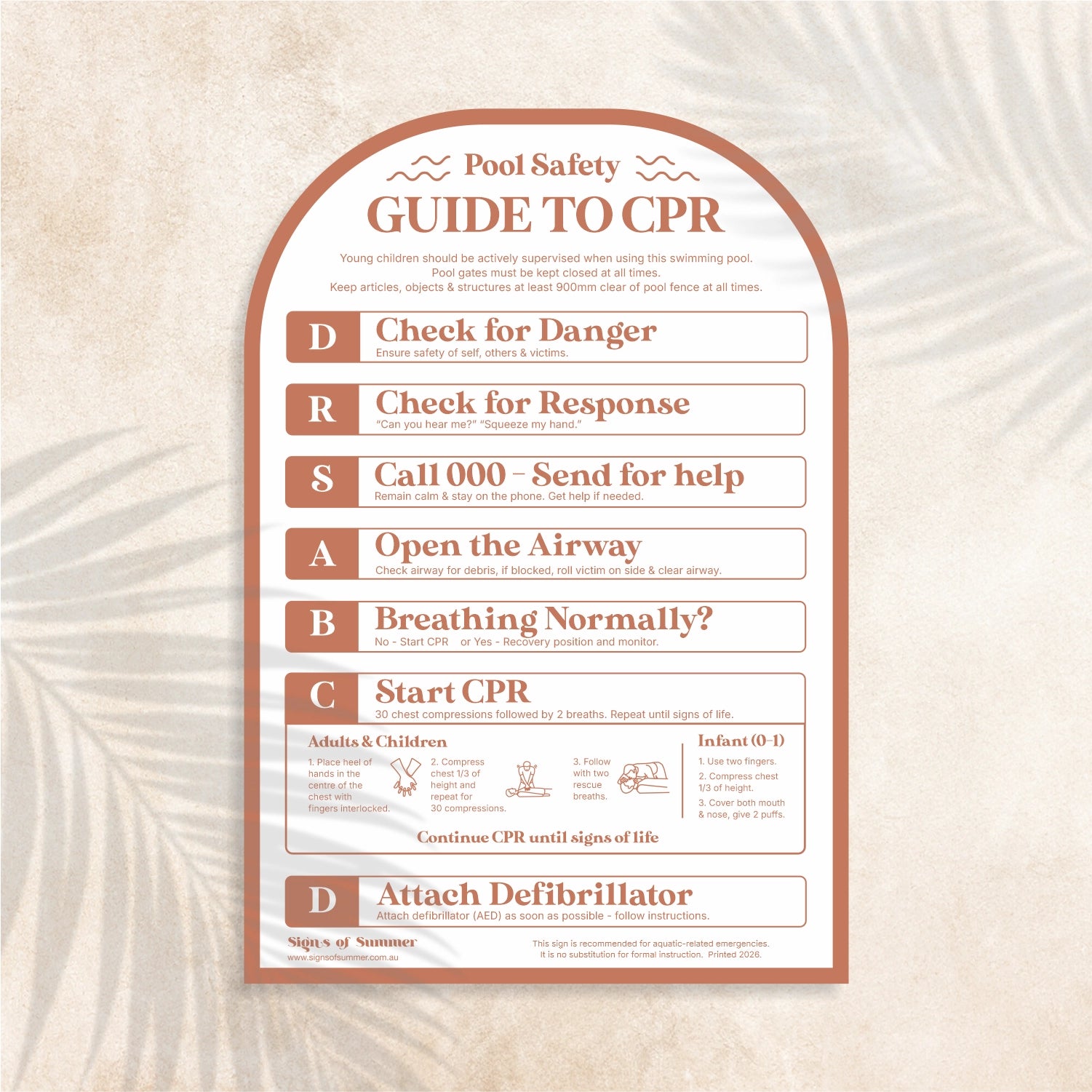 Arch shaped Guide to CPR Sign in Terracotta colour – Australian outdoor pool signage