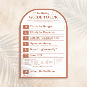 Arch shaped Guide to CPR Sign in Terracotta colour – Australian outdoor pool signage
