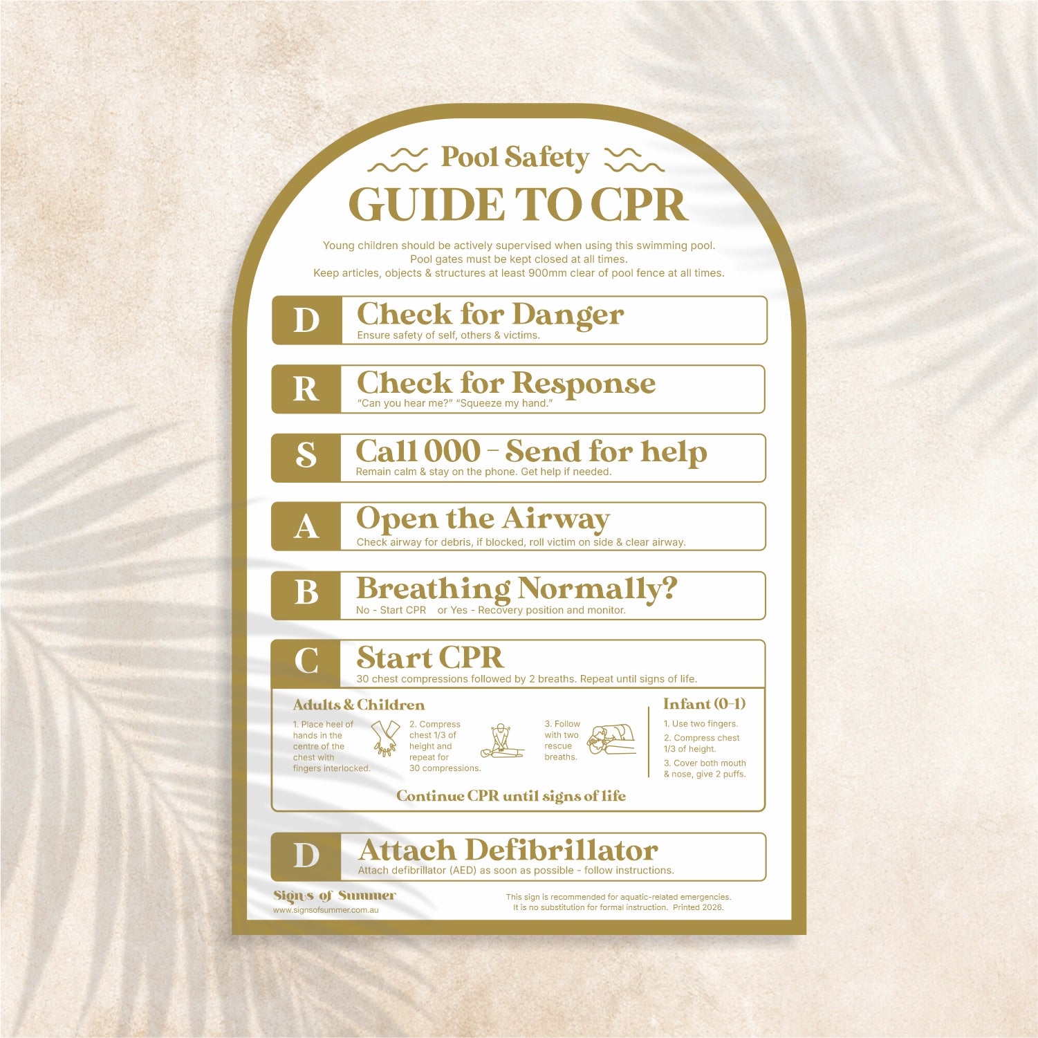 Arch shaped Guide to CPR Sign in Zingiber colour (dark mustard) – Australian outdoor pool signage