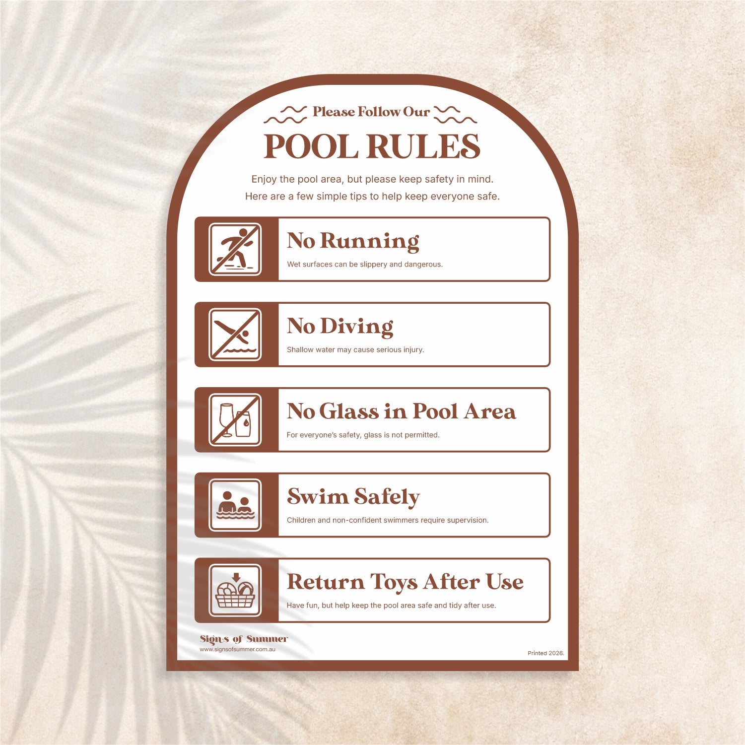 Arch shaped Pool Safety Sign in Auburn colour (dusty red) – Australian outdoor pool signage