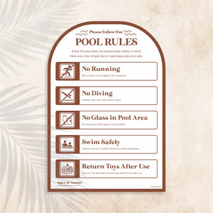 Arch shaped Pool Safety Sign in Auburn colour (dusty red) – Australian outdoor pool signage