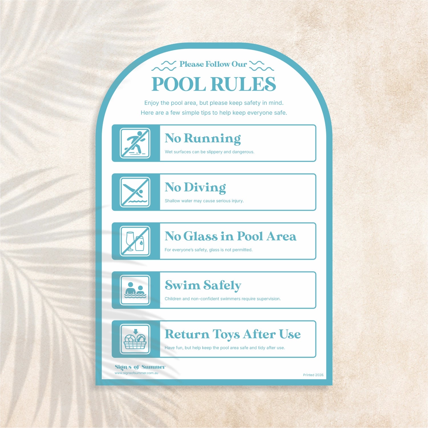 Arch shaped Pool Safety Sign in Gongolier colour (coastal blue)  – Australian outdoor pool signage