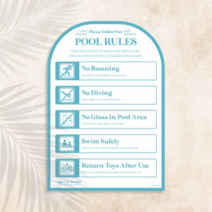 Arch shaped Pool Safety Sign in Gongolier colour (coastal blue)  – Australian outdoor pool signage