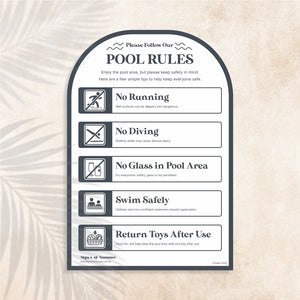 Arch shaped Pool Safety Sign in Grid colour (blue/grey shade) – Australian outdoor pool signage