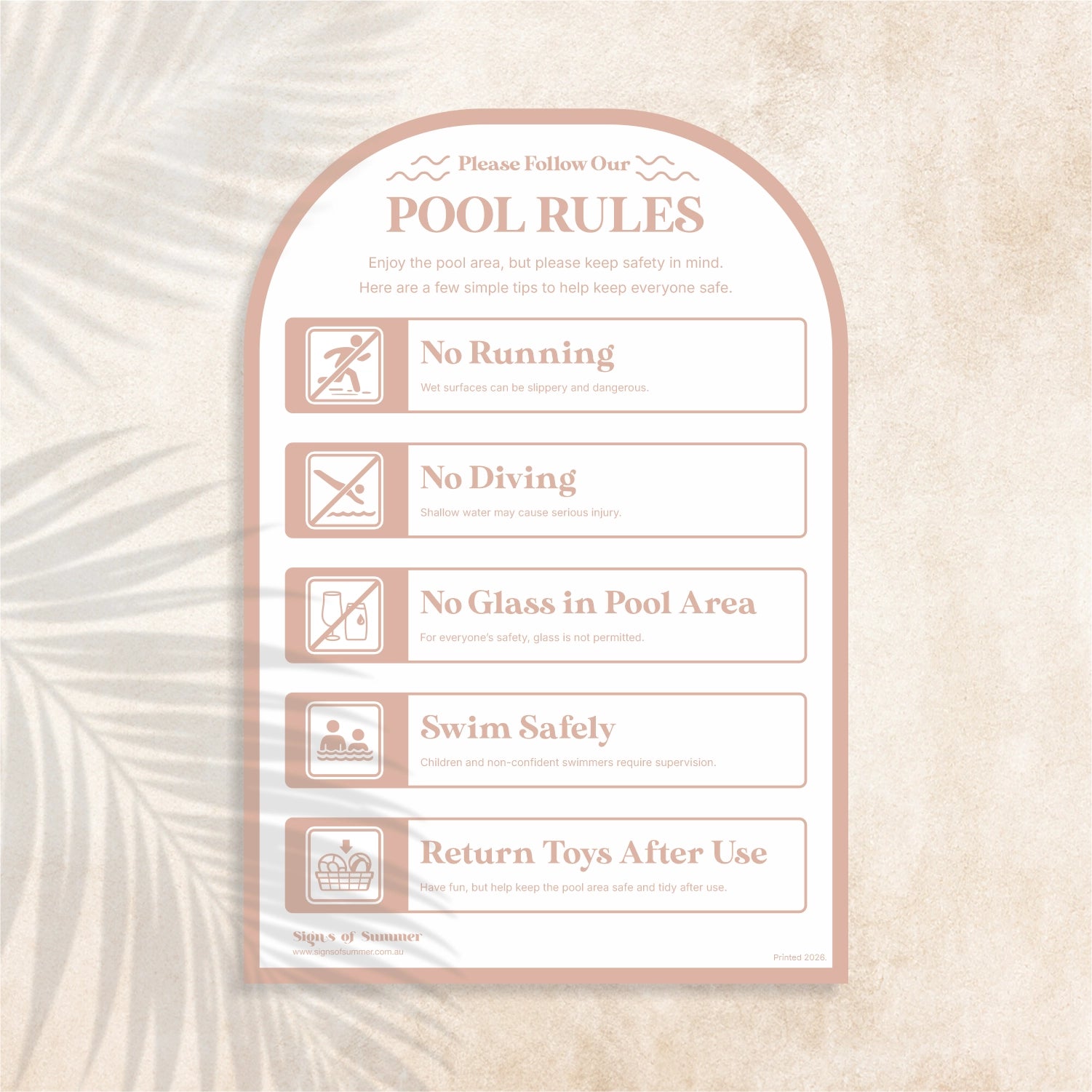 Arch shaped Pool Safety Sign in Piglet colour (pale/dusty pink) – Australian outdoor pool signage