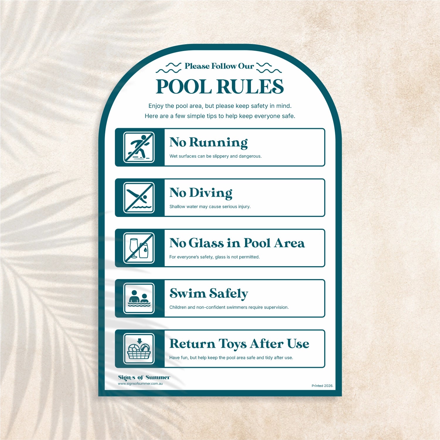 Arch shaped Pool Safety Sign in Plunge colour (deep teal)  – Australian outdoor pool signage