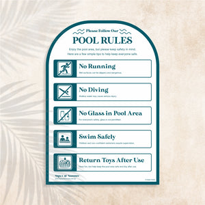 Arch shaped Pool Safety Sign in Plunge colour (deep teal)  – Australian outdoor pool signage