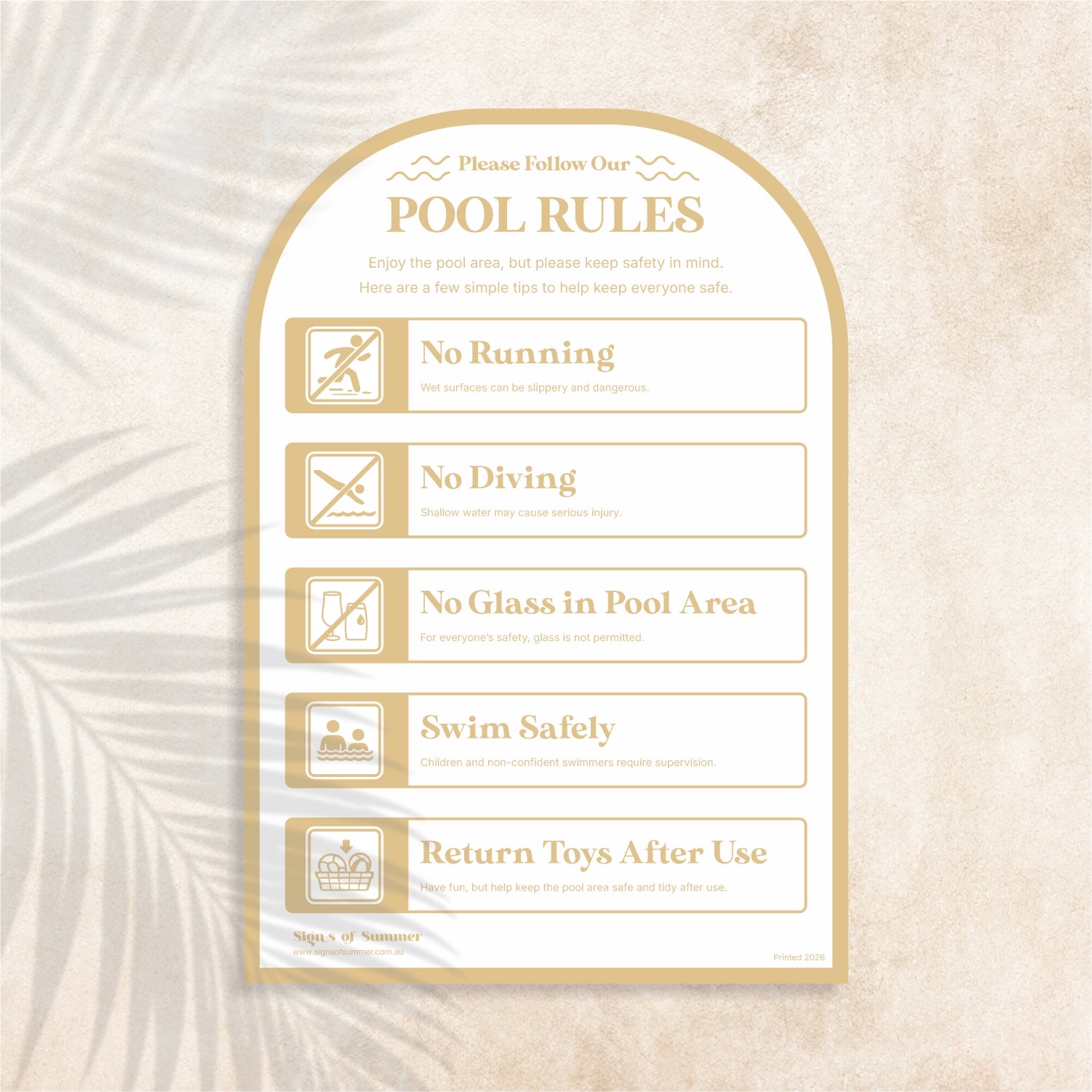 Arch shaped Pool Safety Sign in Sandy Taupe colour (light beige) – Australian outdoor pool signage