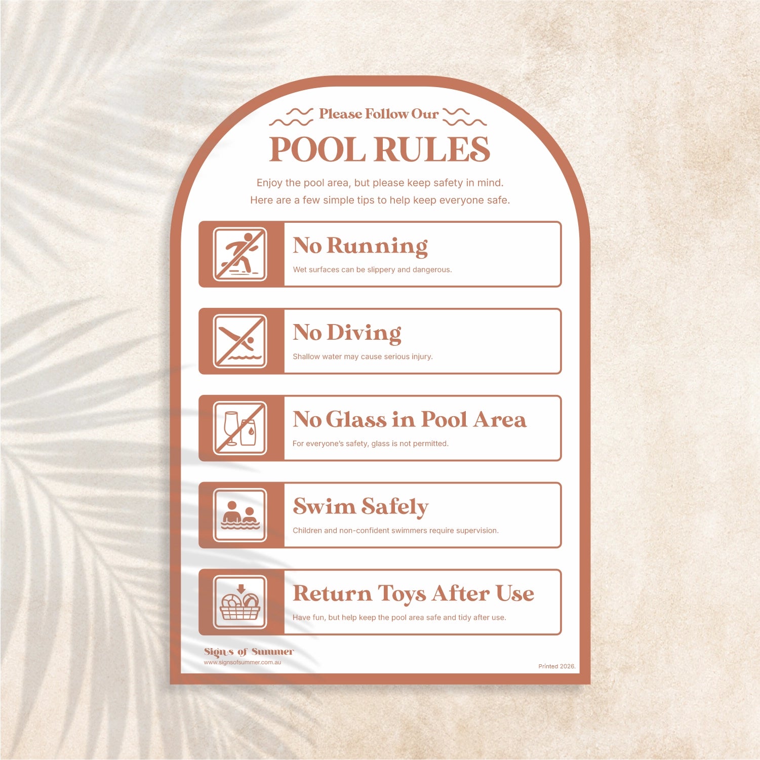 Arch shaped Pool Safety Sign in Terracotta colour – Australian outdoor pool signage