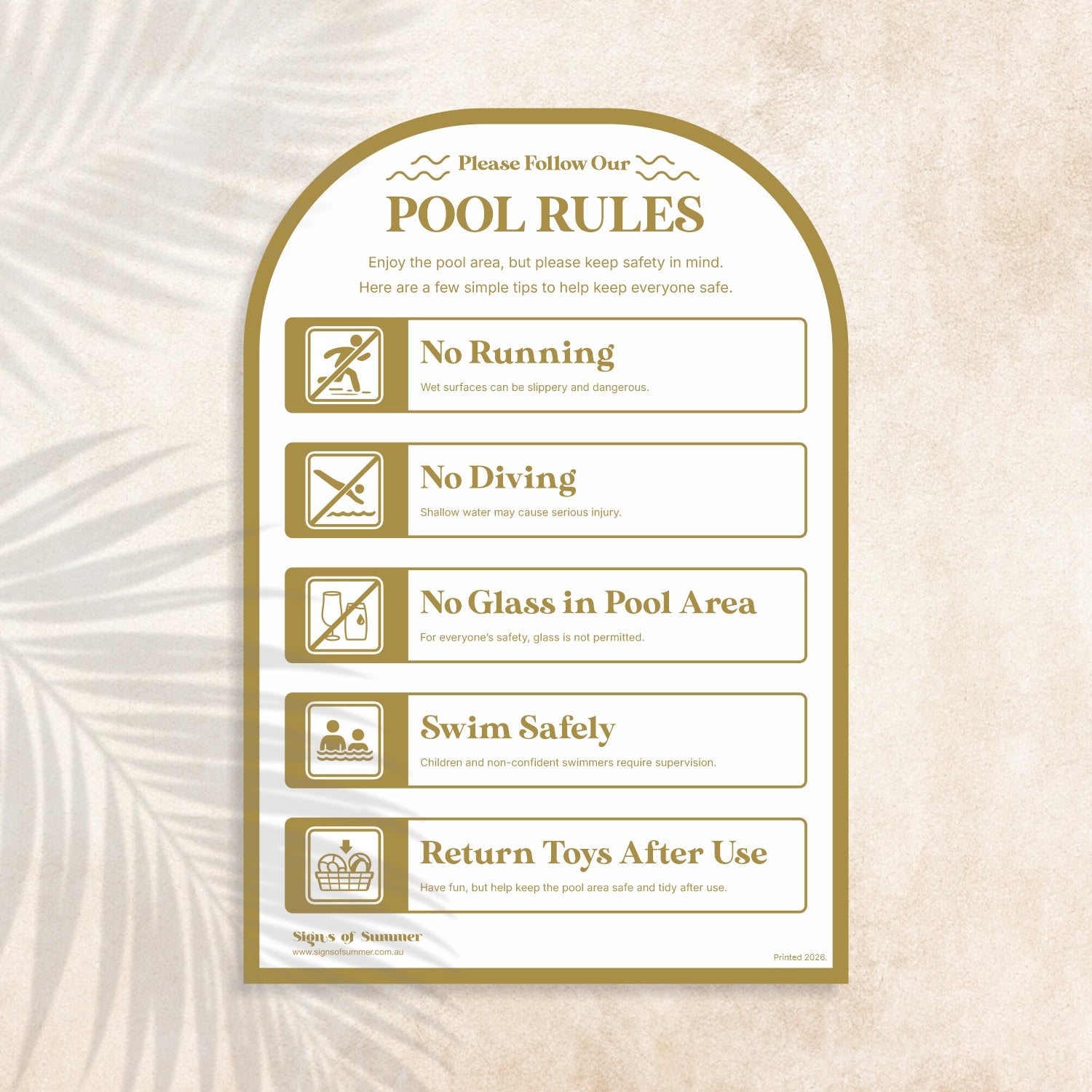Arch shaped Pool Safety Sign in Zingiber colour (dark mustard) – Australian outdoor pool signage
